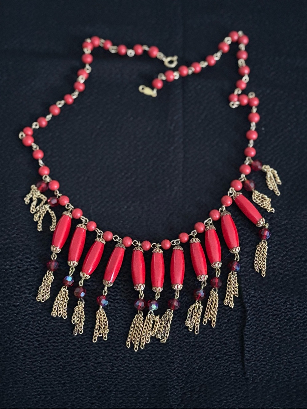 Vintage Red Beaded Fringe Statement Necklace